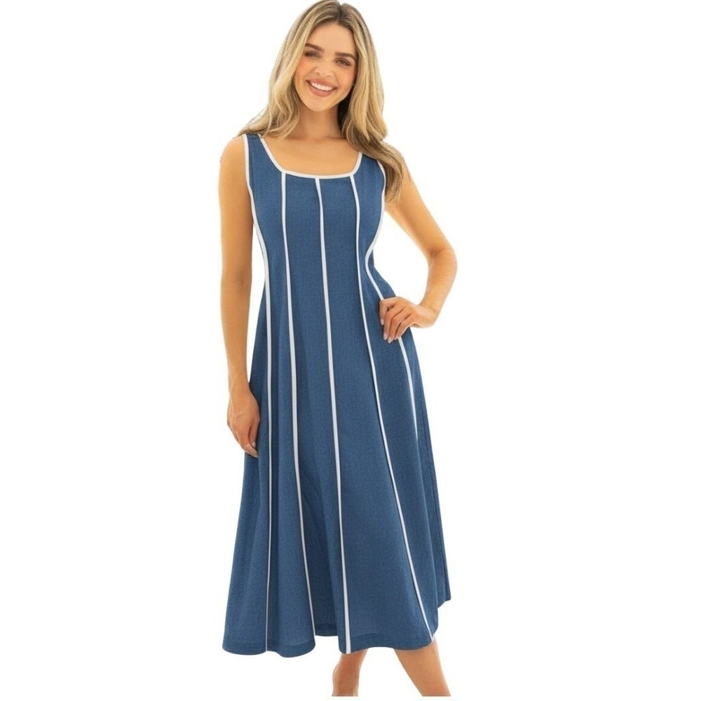 SIMPLY SOUTHERN Denim Blue Midi Dress Ivory Piping Sleeveless Summer Large NWT